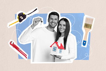 Creative trend collage of cute couple buy new house hold keys renovation hold little home weird...