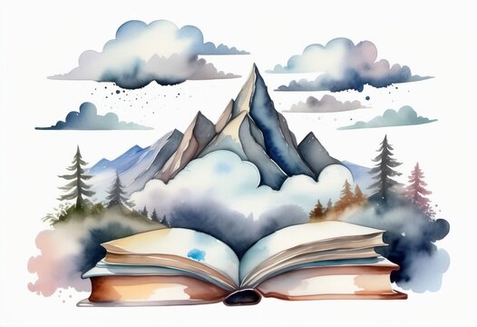 Watercolor drawing of open book, mountains, forests, nature, clouds. Travel reading concept.