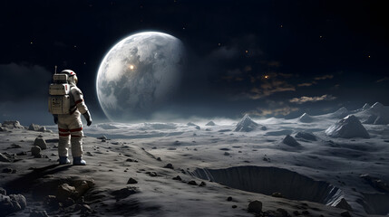 A scene of an astronaut standing on an unknown planet with a breathtaking view. The concept of exploring new planets. Moonwalk of an astronaut in open space