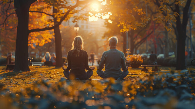 Nature, yoga and senior couple doing outdoor exercise, retirement workout or fitness performance. Wellness, freedom and elderly man, woman or people doing pilates pose, training or health balance