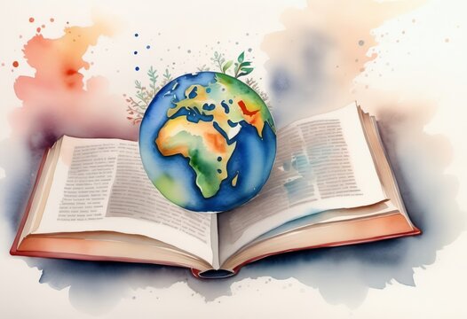 An open book and planet earth, a concept of the whole world in literature, a watercolor drawing.