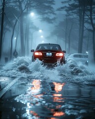 Car drives along flooded road during rain. Thunderstorm disaster, car drives through a puddle in the pouring rain