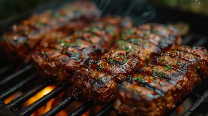 Closeup of steaks roasting on a grill, cooking delicious churrasco food - obrazy, fototapety, plakaty