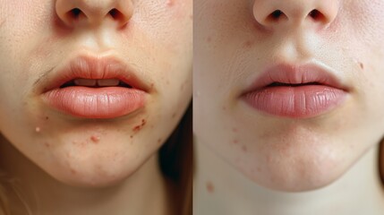 A young woman's dry lips before and after treatment. - obrazy, fototapety, plakaty