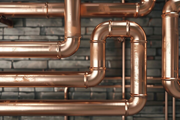 Water supply or gas supply systems and copper pipelines of the heating system. Shiny pipes and details close-up. Industry. Technology. Special equipment. Water treatment. Biotechnology. Protection