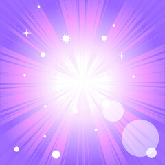 A bright light source glows and emits rays. Abstract purple bright background