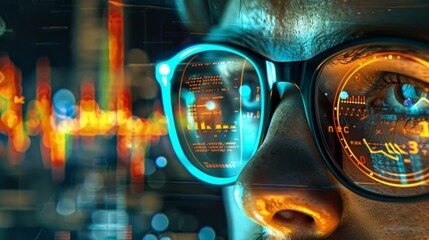 Intently analyzing data trends amidst vibrant statistics on multiple screens, a statistician seeks patterns and predictions with unwavering focus.
