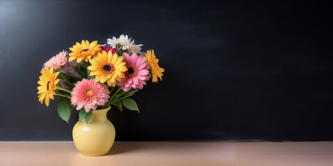 Bouquet of flowers on the teacher's desk, on the background of a chalkboard. Concept Teacher's Day, school, knowledge day.