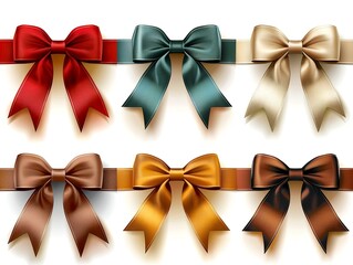 A collection of satin bows in various colors including red, green, gold, and brown, beautifully arranged on a white background.