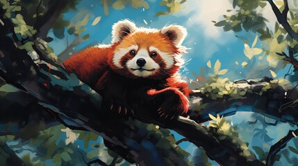 Red panda high up in the trees - Awake