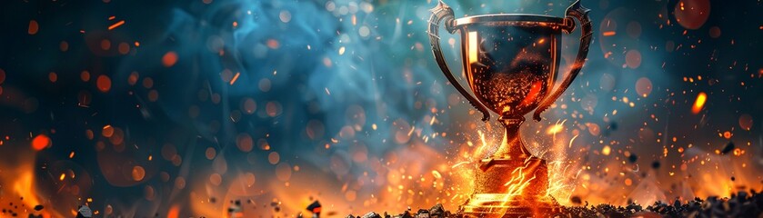 A trophy engulfed in flames and sparks symbolizes triumph, standing out against a blurred background filled with sparkling embers.