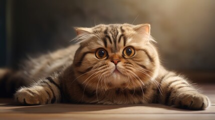 Scottish Fold cat, brown tabby lying belly up on its back. First birthday of the cat.