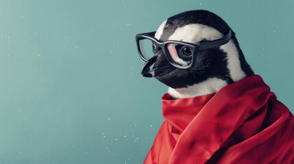 Fototapeta premium A penguin dons spectacles and a red cape, exuding a superhero vibe