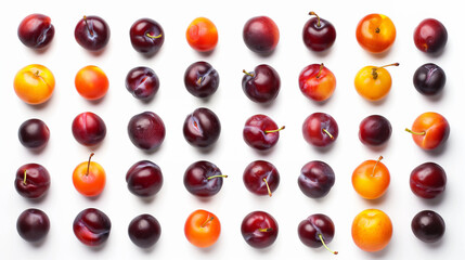 Top view of a set of fresh plums isolated on a white background, featuring a variety of whole and sliced plums that reveal the juicy interior and stone. This composition showcases the deep purple 