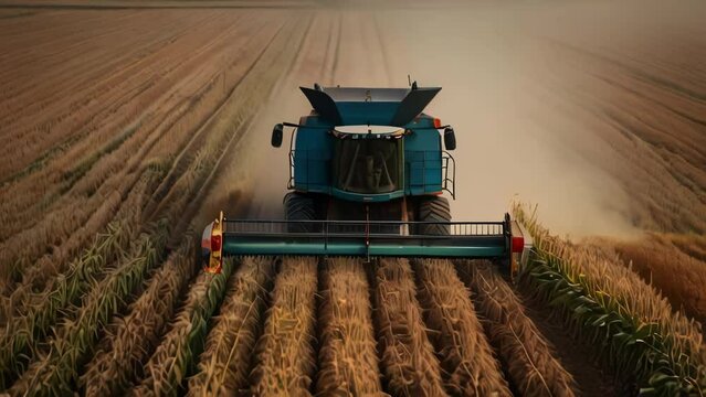 Combine harvests ripe dry corn. Agricultural machinery with reaper drives across  field, dust rises behind machine.