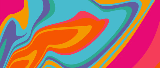 Psychedelic Pattern with Colorful Colors. Abstract Retro Background with Swirl Line for Advertising, Web Delights, Social Media, Banners, Covers, Posters. Groovy Rainbow Colors for Vector illustration - obrazy, fototapety, plakaty