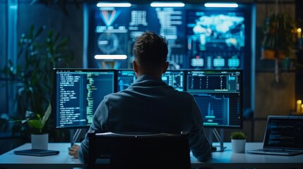 A software artisan, consumed by the rhythmic dance of coding, their domain illuminated by the flickering screens, each line a stroke of genius, showcasing their unwavering dedication to craft.
