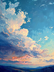 illustration with acrylic paints, clouds white blue sky, clear day, sky oil painting