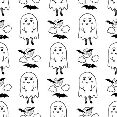 Halloween seamless pattern with ghosts and batss. Doodle cartoonish line art design. Hand drawn cute illustration