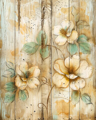 Vintage Florals on Rustic Wooden Background in Distressed Grunge Style