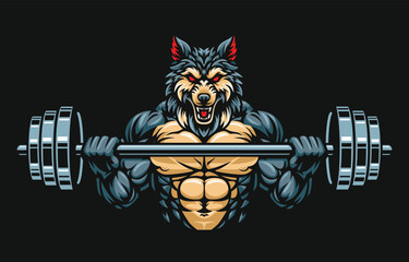 Wolf fitness or gym illustration design, wolf lifting barbell illustration. Wolf mascot character