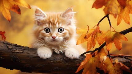 Naklejka na ściany i meble Wide banner with a kitten sitting on the branch of autumn maple