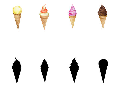Children's game find a pair. Match the ice cream and its shadow. Hand drawn watercolor illustration with colorful ice creams, treats and sweets. Educational game for kids, task.