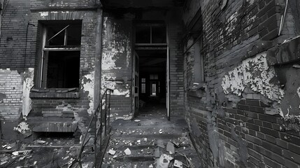 Derelict and Decaying Abandoned Building - Captivating Black and White Photography Highlighting Intricate Details of Neglect and Absence
