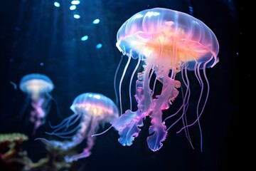 Highly detailed jellyfish shining brightly with sun rays piercing through the sea water