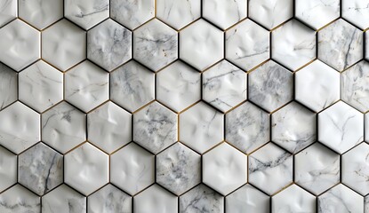 White marble hexagon tiles with gold grout