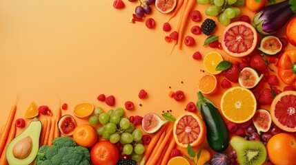 Circle of Fresh Fruits and Vegetables on Yellow Background with Space for Text