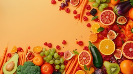 Naklejka na ściany i meble Circle of Fresh Fruits and Vegetables on Yellow Background with Space for Text