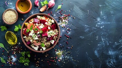 Obraz na płótnie Canvas Warm bowl salad with quinoa, beets, feta, arugula and olive oil. Place for text