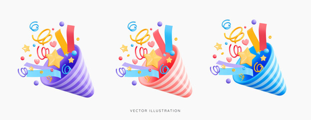 3D Party popper emoji with explosion confetti. Birthday surprise. Firecracker with serpentine. Holiday and event celebration. Cartoon creative design 3d set vector icons isolated on white background © accogliente