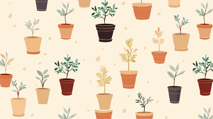 Seamless pattern tree pots with beige background. S