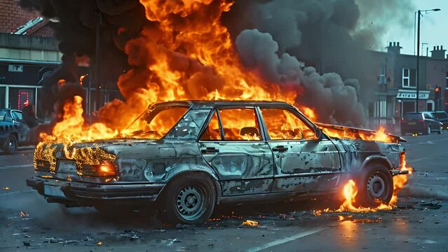 Burning car on a city background. Car catching fire, after act of vandalism or road incident. Burning vintage car