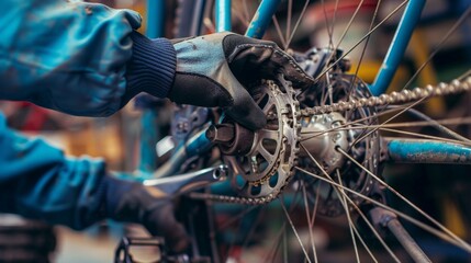 Fototapeta premium Amidst the rhythmic clicks and whirs, they dive into the heart of the bike, hands deftly navigating the labyrinth of gears, crafting precision from chaos. 