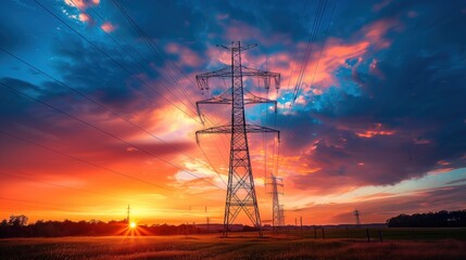 Electricity pylons extending into a vivid sunrise with scattered clouds in the sky