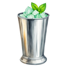 Mint julep in a silver julep cup watercolor illustration, vector clipart, mint drink, green cocktail, cut out on white background, party drink, celebration	 - obrazy, fototapety, plakaty