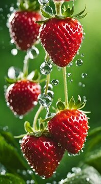 juicy red strawberries under a stream of fresh water with lots of waterdrops against a green blurred background, slow motion zoom, fresh vertical vood video