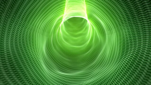Green wavy tunnel with bright glow effect. Elegant soft light background with wave tube made of digital elements. Computer science, biology, internet connections and data flow animation. 4k , 60 fps