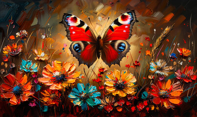 Radiant Reverie: A Vibrant Oil Painting of a Magnificent Peacock Butterfly Amid an Explosion of Vibrant Wildflowers, Celebrating Nature's Splendor