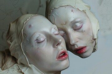 Two women with white makeup on their faces, one with eyes closed and the other with mouth open, artistic portrait concept