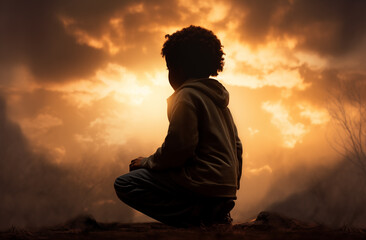 Fototapeta premium Prayer concept. Silhouette of a cute young boy in a praying pose. Set against a vibrant sunset sunrise sky. Clasped hands. Also related to confession, covenant, doxology, Eucharist, exodus, worship