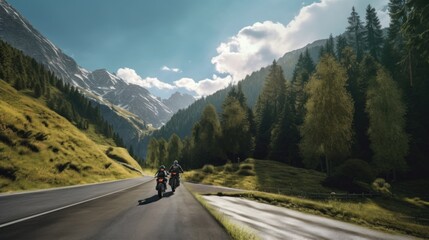motorbike rider riding in the mountains.AI generated image - obrazy, fototapety, plakaty