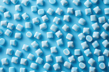 Photo of a network pattern made from blue marshmallow drops on a solid background