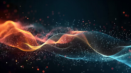 Wave of bright particles, 3d rendering of abstract technology background with connecting dots and...