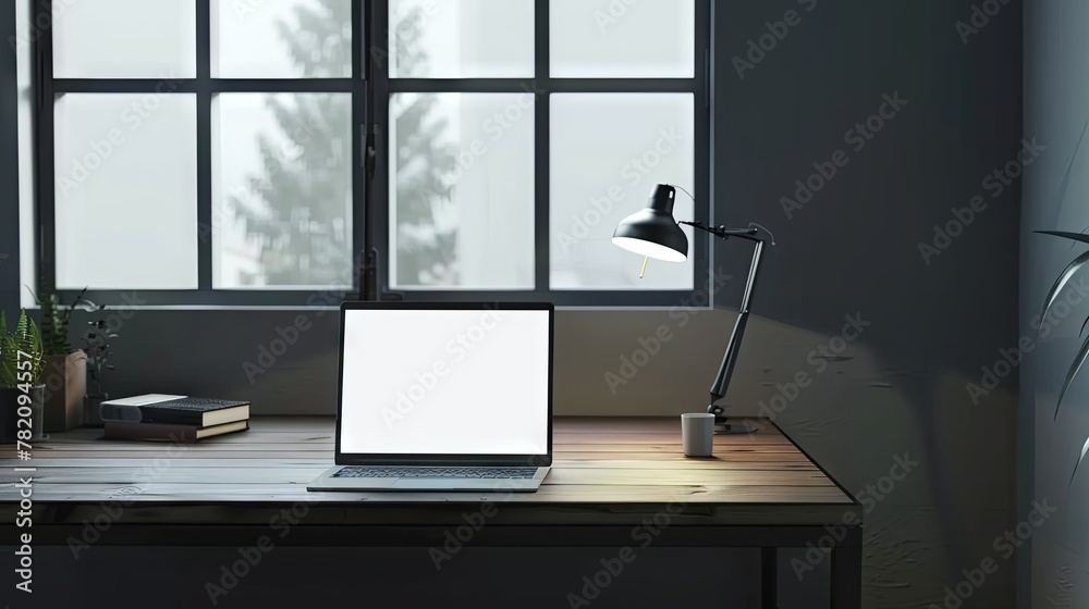 Fototapete a desk or table with a laptop with a white screen and space for graphics or text standing by the win