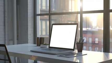 A desk or table with a laptop with a white screen and space for graphics or text standing by the window