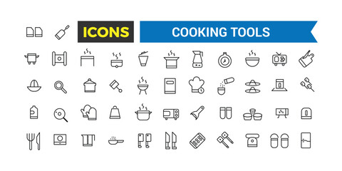 Cooking Tools Icons Set, Set Of Kitchen Essentials, Tableware, Cutlery, Dishes, Plates, Jug, Ladle, Baking Sheet, Paper Mill, Cheese Slicer, Salt Shaker, Spatula Vector Icon, Vector Illustration